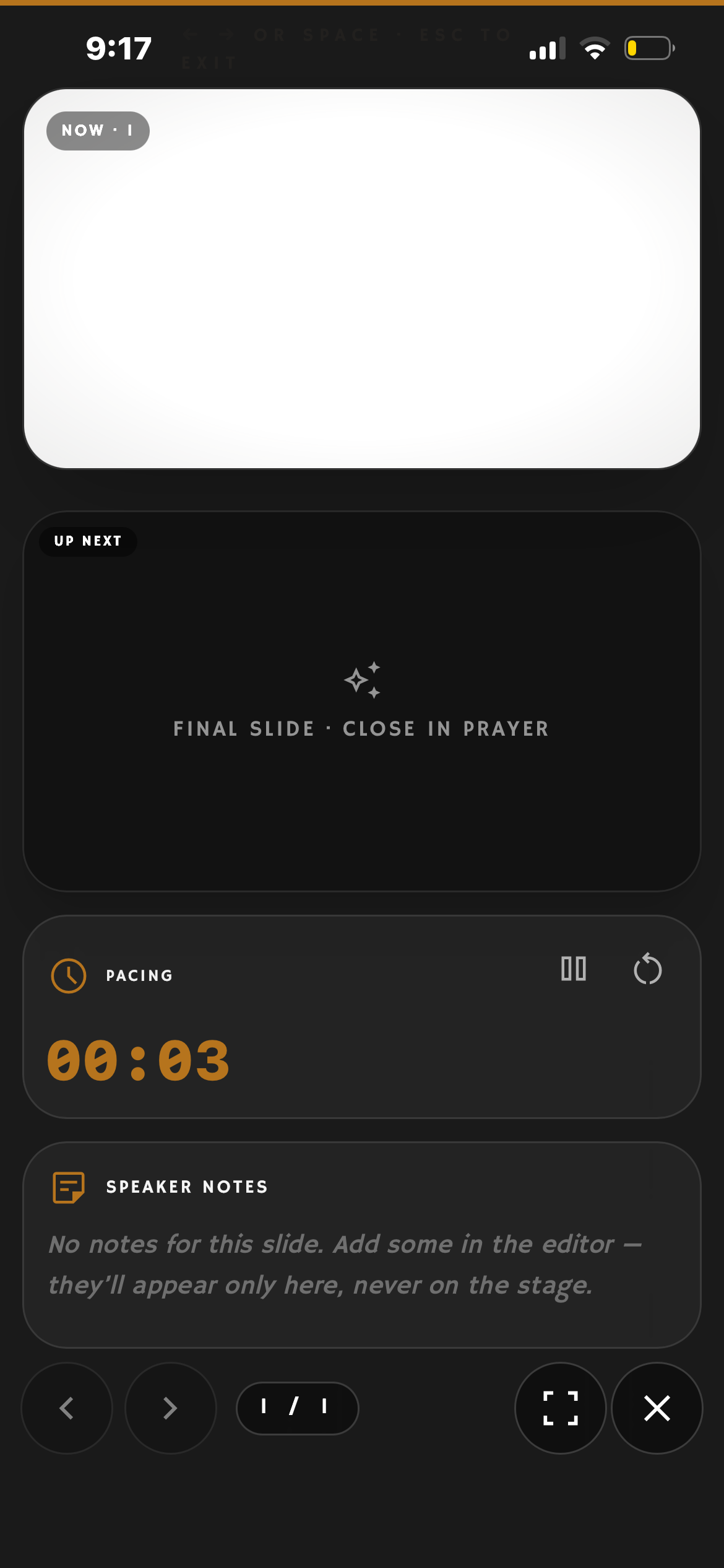 Sermon Present mode — pacing timer